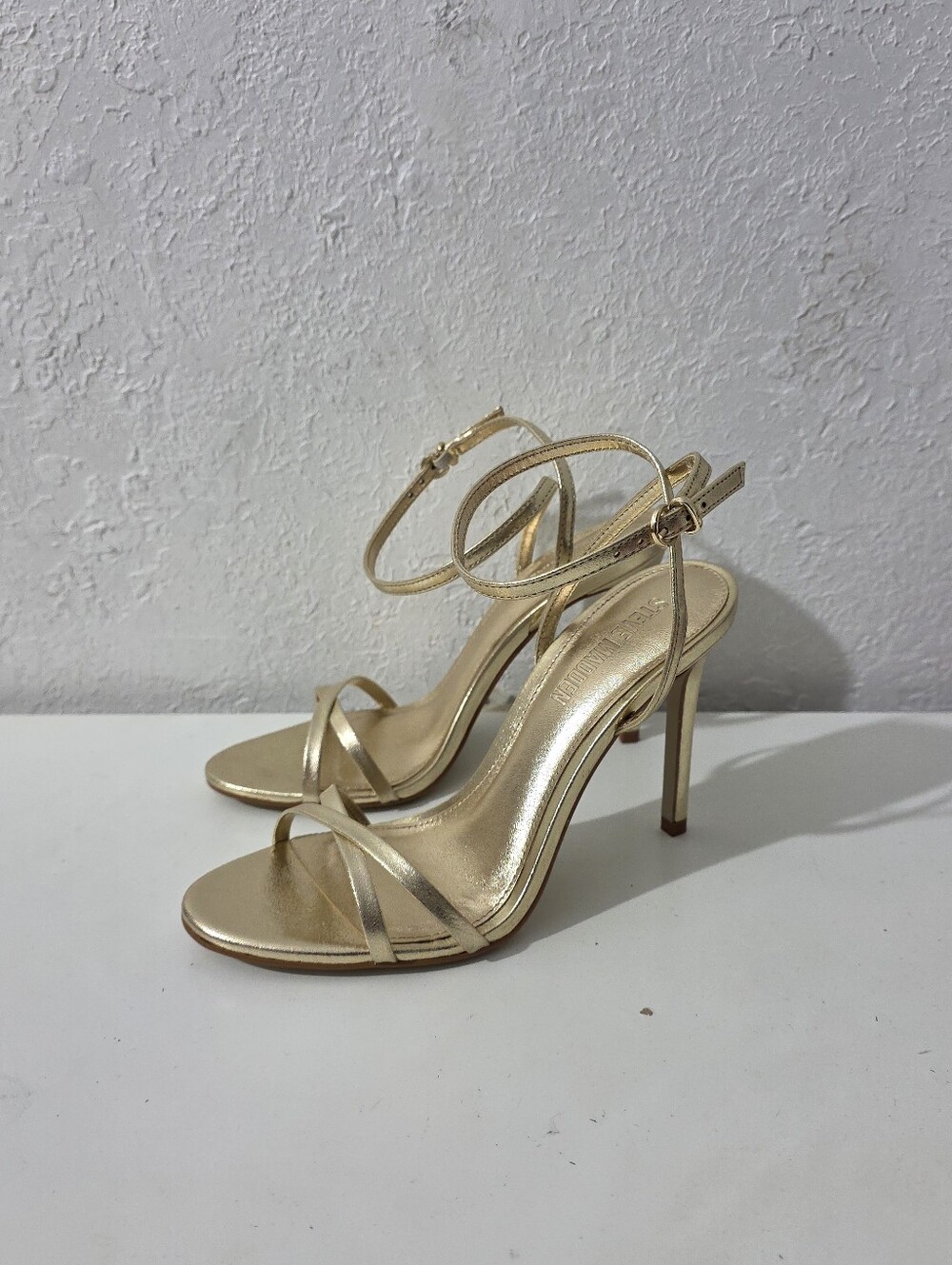 Steve Madden Jypsey Gold Leather Ankle Strap Sandals Stiletto Heels Women Sz 8.5